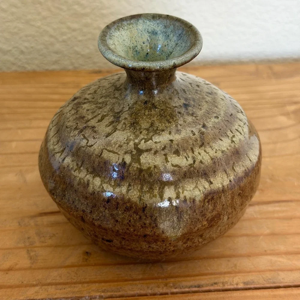 Studio Pottery Bud Vase Wabi Sabi Ash Glaze Stoneware Handmade Signed‎ Japandi
